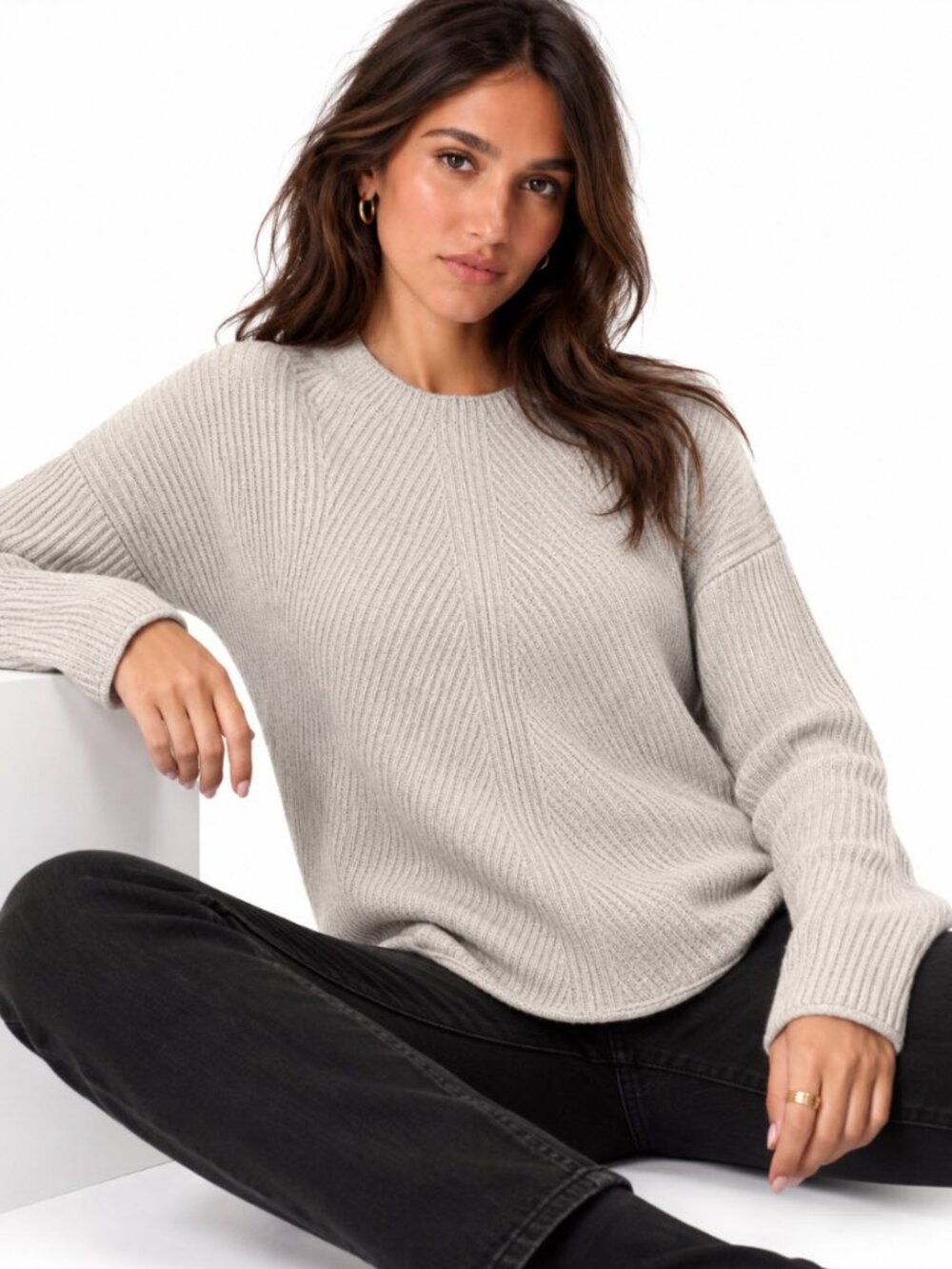 Babaton Chalmers Light Cream Wool Linen Ribbed Sweater Large Quiet Luxury